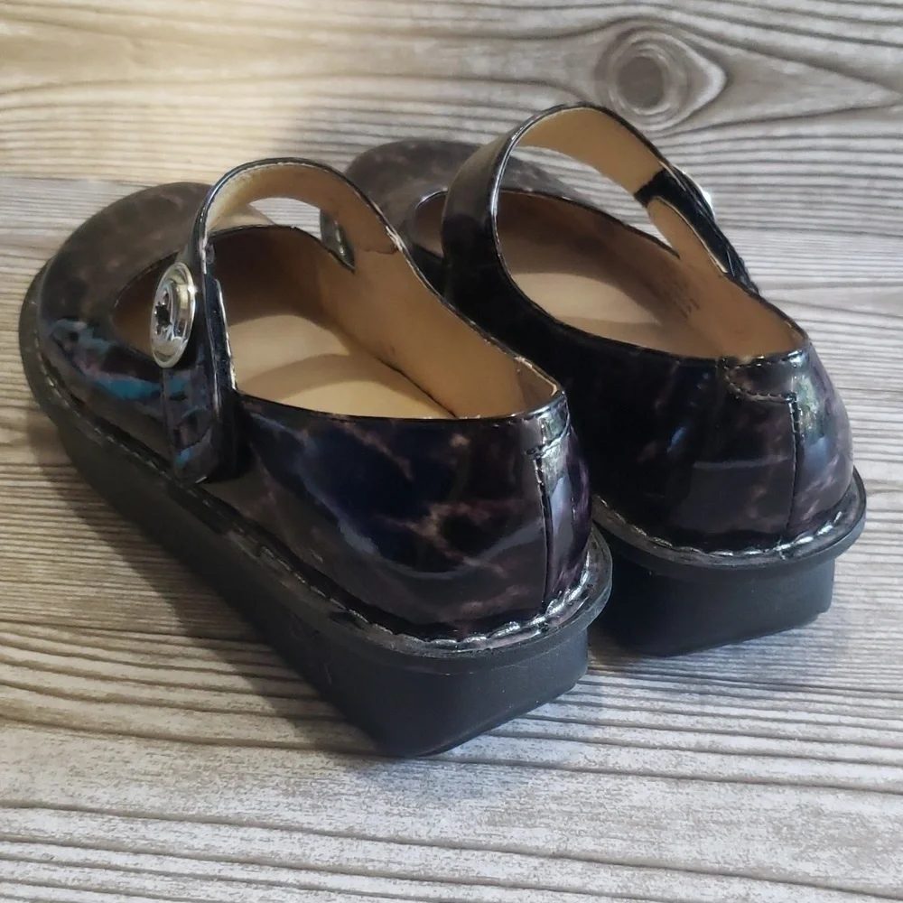 Alegria 38(8/8.5) black/gray animal print Mary Jane platforms clogs